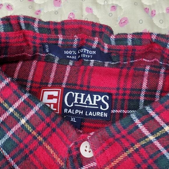 Men's XL Chaps Red Plaid Egyptian Cotton Flannel Button Down Shirt - Picture 5 of 6